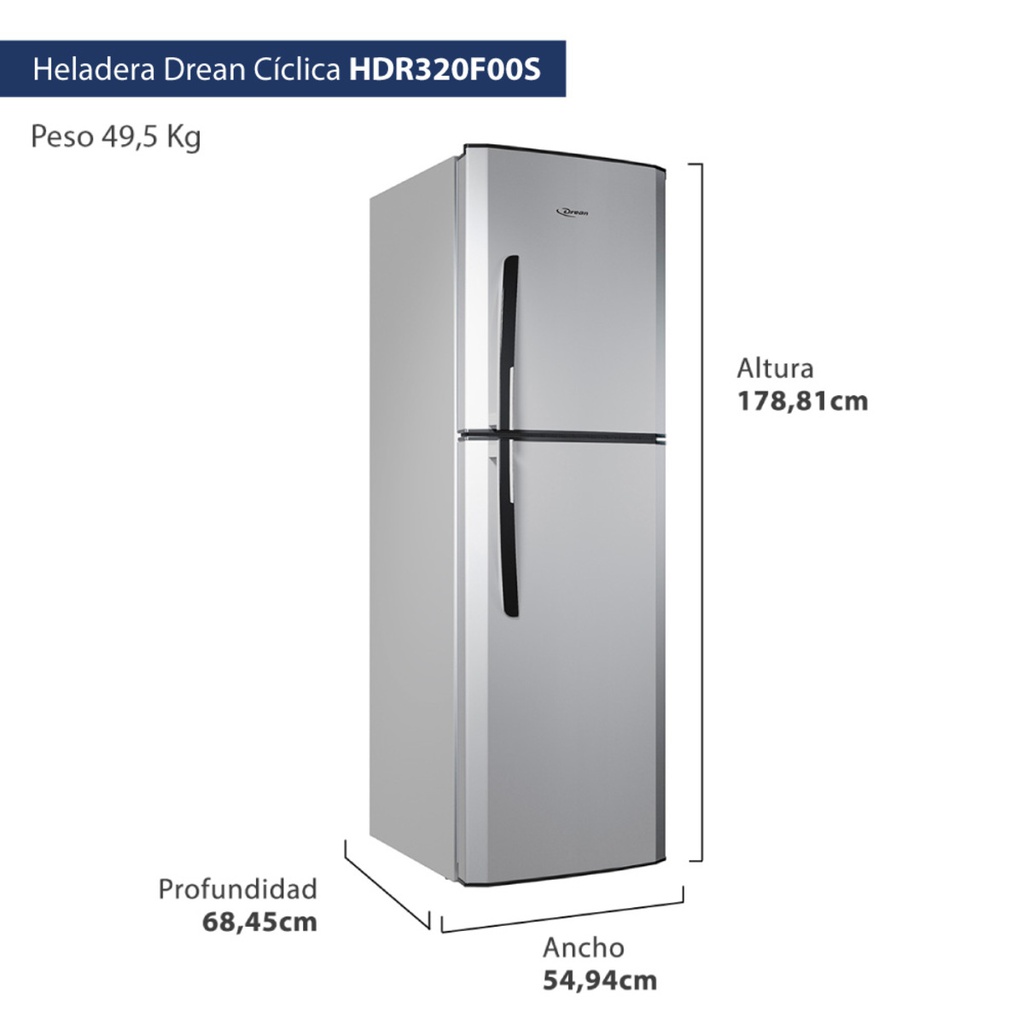 HELADERA DREAN HDR320F00S C/FREEZER CICLICA 314L GRIS ALUMINIO