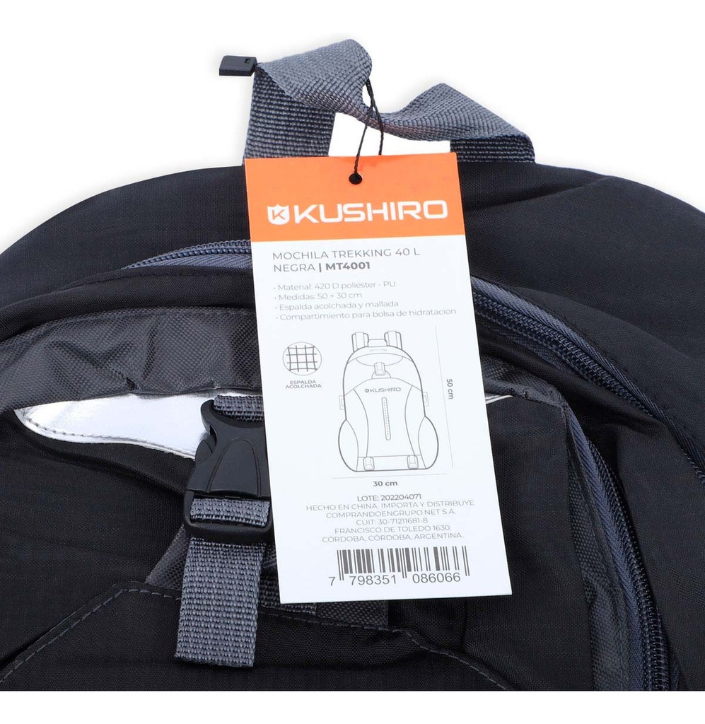 MOCHILA KUSHIRO MT4001 TREKKING 40 L NEGRA