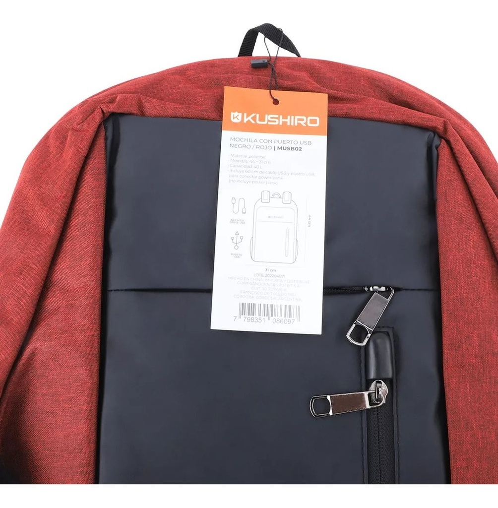 MOCHILA KUSHIRO MUSB02 C/ PUERTO USB NEGRO ROJO