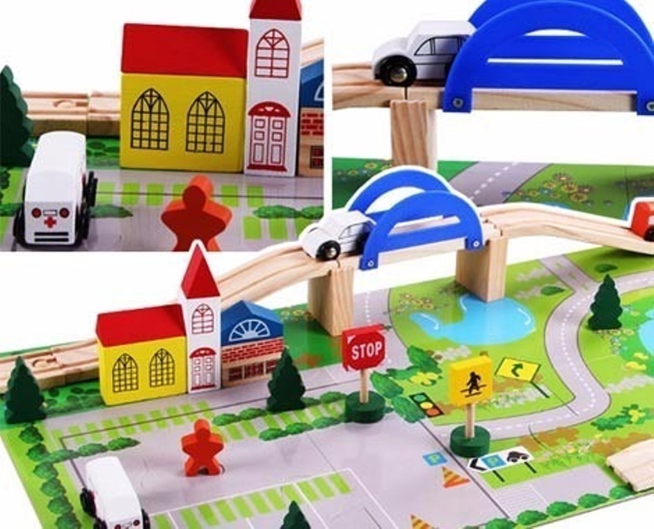 AUTOPISTA DE AUTOS CUBETA 29 PIEZAS MADERA MT06516