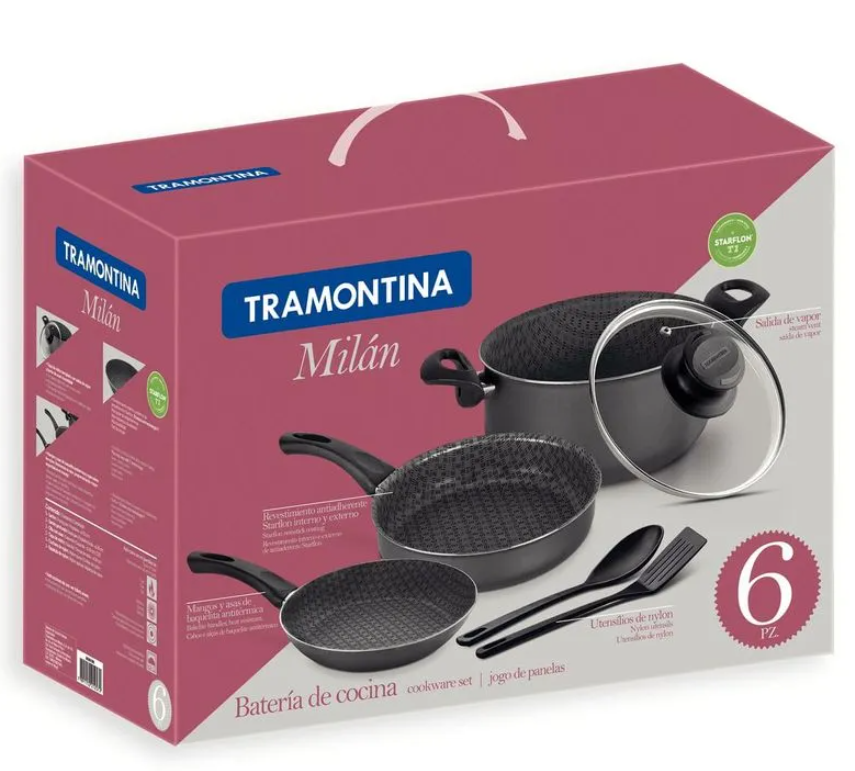 BATERIA DE COCINA TRAMONTINA 20599/390 MILAN=PARIS 5 PZ DE ALUMINIO C/ANTIAD. NEGRA
