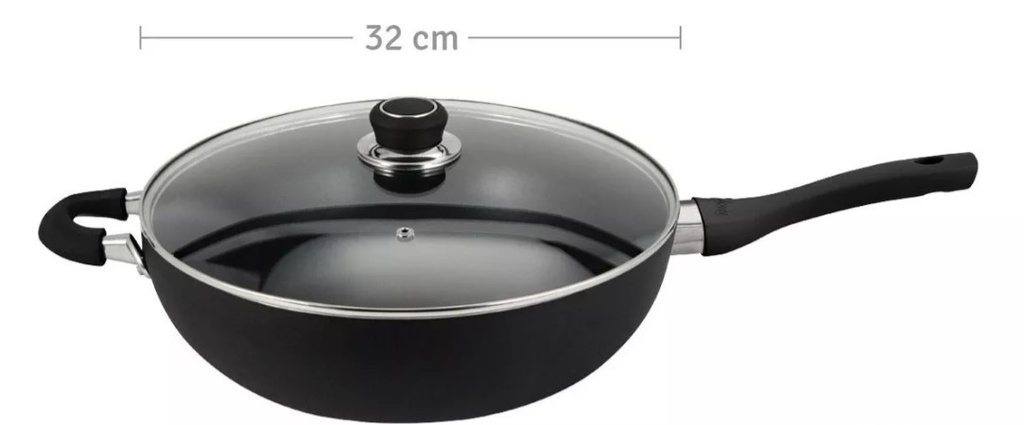 CACEROLA WOK HUDSON CC32SF DE ALUMINIO C/ANTIADHERENTE Y TAPA CRISTAL 32 CM