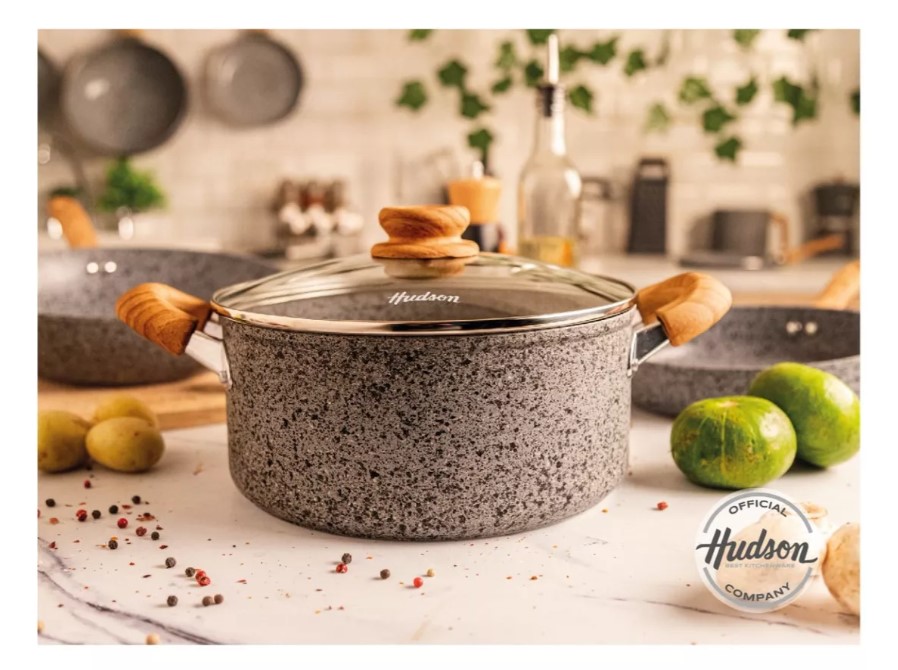 CACEROLA HUDSON FGRA07 DE ALUMINIO FORJADO 24CM C/ANTIADH. GRANITO Y TAPA DE CRISTAL