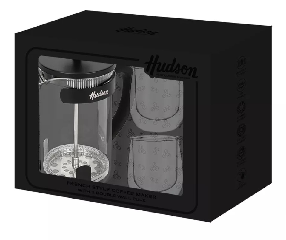 SET CAFETERA DE EMBOLO HUDSON CMSET80 C/2 VASOS TERMICOS NEGRA