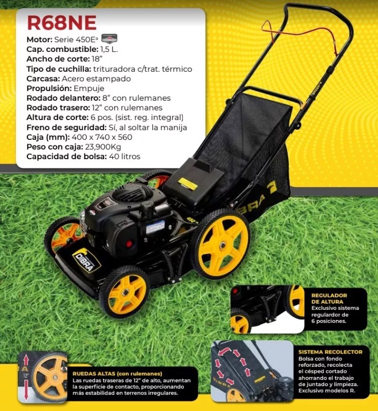 CORTADORA DE CESPED DIBRA R68NE NAFTERA 18" R.ALTAS 6 POS.