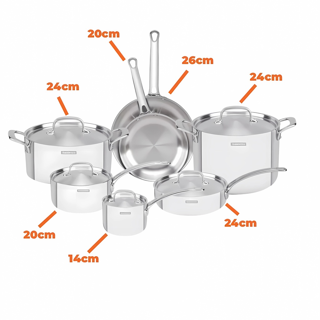 BATERIA DE COCINA TRAMONTINA 65240/028 GRANO DE AC. INOX. TRIPLE FONDO 7 PZ.
