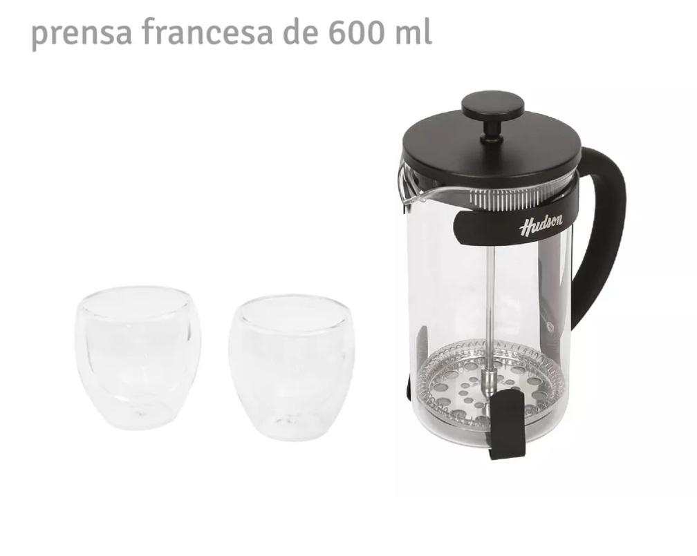 SET CAFETERA DE EMBOLO HUDSON CMSET80 C/2 VASOS TERMICOS NEGRA