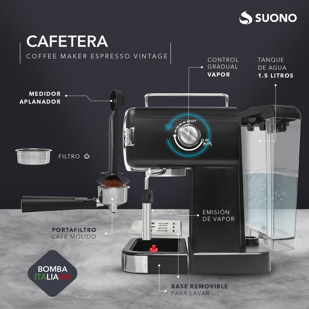CAFETERA SUONO HOG0156 VINTAGE 20 BARES NEGRA