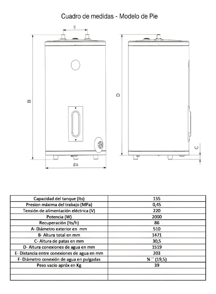 Termotanque Eléctrico Rheem Tep155rh 155l 220v De Pie Gris