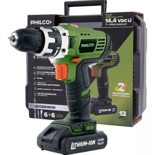 TALADRO INALAMBRICO PHILCO TI1401P C/BATERIAS, MALETIN Y ACCESORIOS