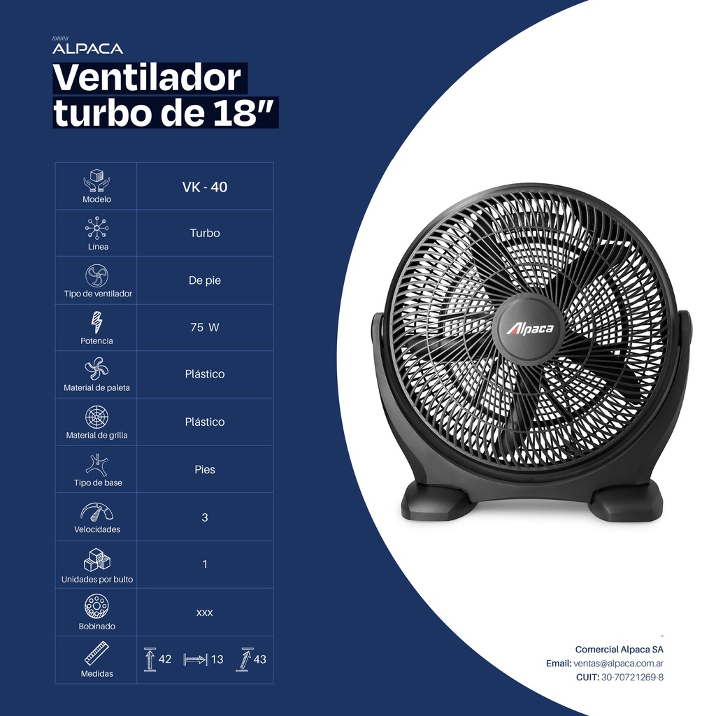 VENTILADOR TURBO ALPACA ALPVK40N 18"