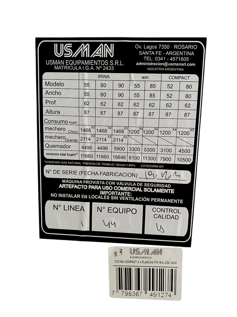 COCINA USMAN COMPACT 4+PLANCHA MULTIGAS