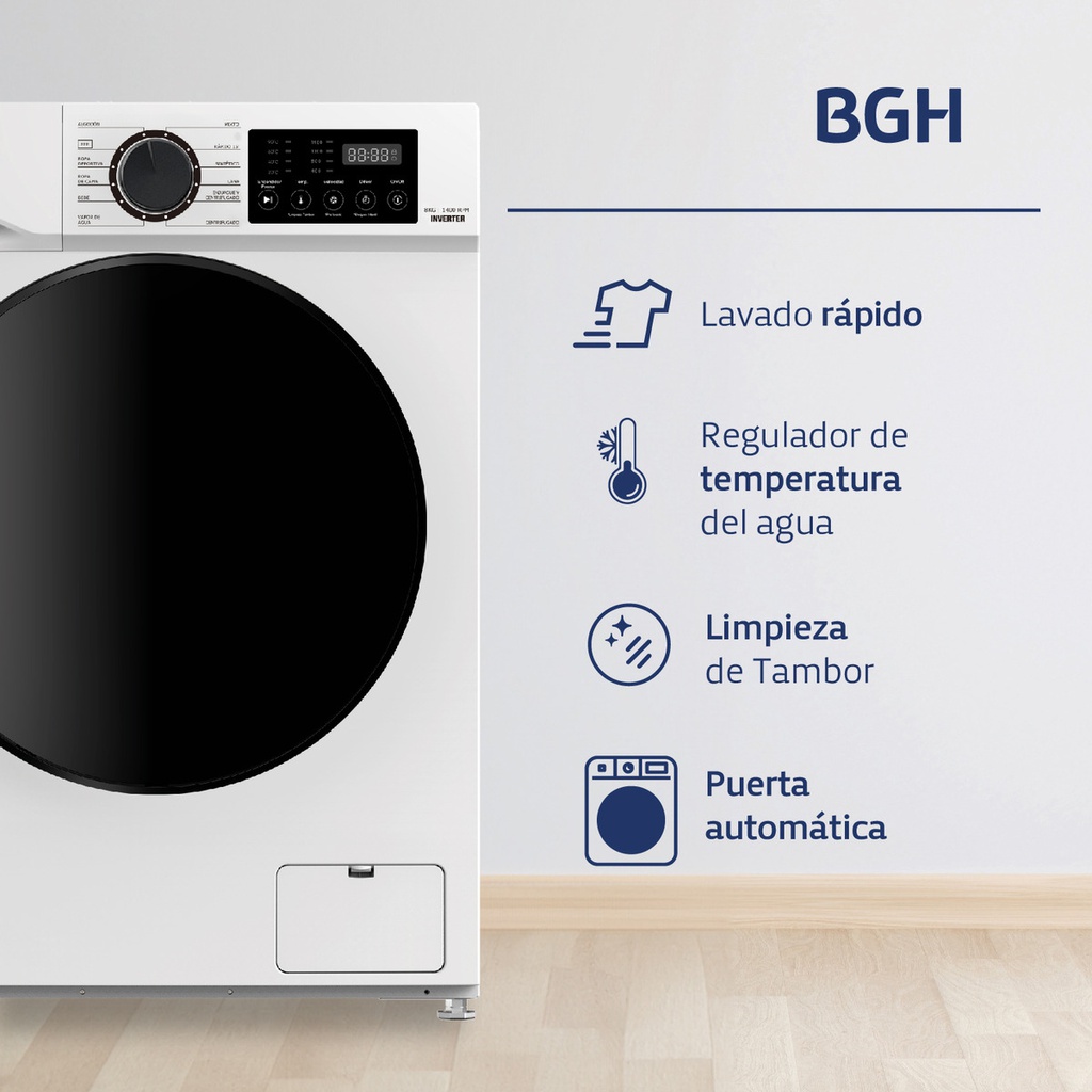 Lavarropas Bgh Inverter Carga Frontal 8kg Bwfi08w24ar Blanco