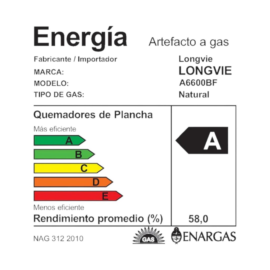 ANAFE A GAS LONGVIE ENCASTRABLE A6600BF BLANCO