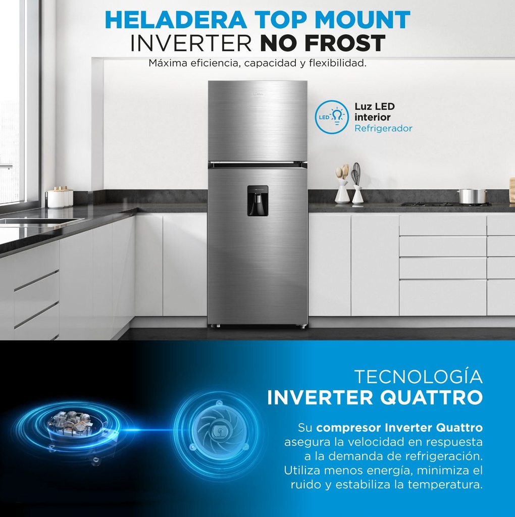 HELADERA MIDEA MDRT580MTE46ADW NO FROST TOP MOUNT 412 LTS AC. INOX