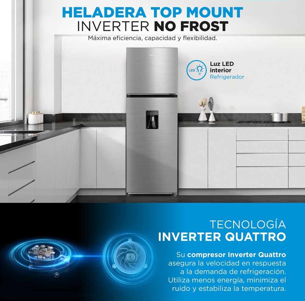 HELADERA MIDEA MDRT489MTE46ADW NO FROST TOP MOUNT 340 LT AC. INOX