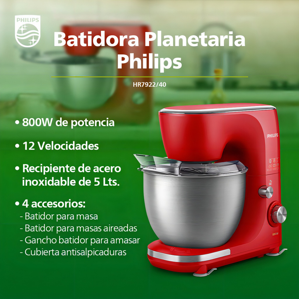 Batidora Philips Planetaria Hr7922/40 Roja 12 Vel 800w 5l