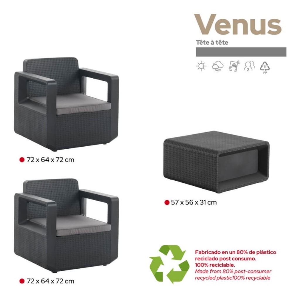 Set Mueble Venus Tete Shaf Ber55452 Grafito 2 Sillas+1 Mesa