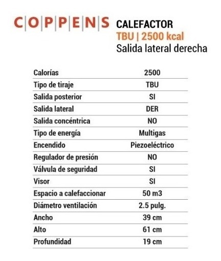 Calefactor Tiro Balanceado  U  Coppens 2500 Kcal Salida Izq