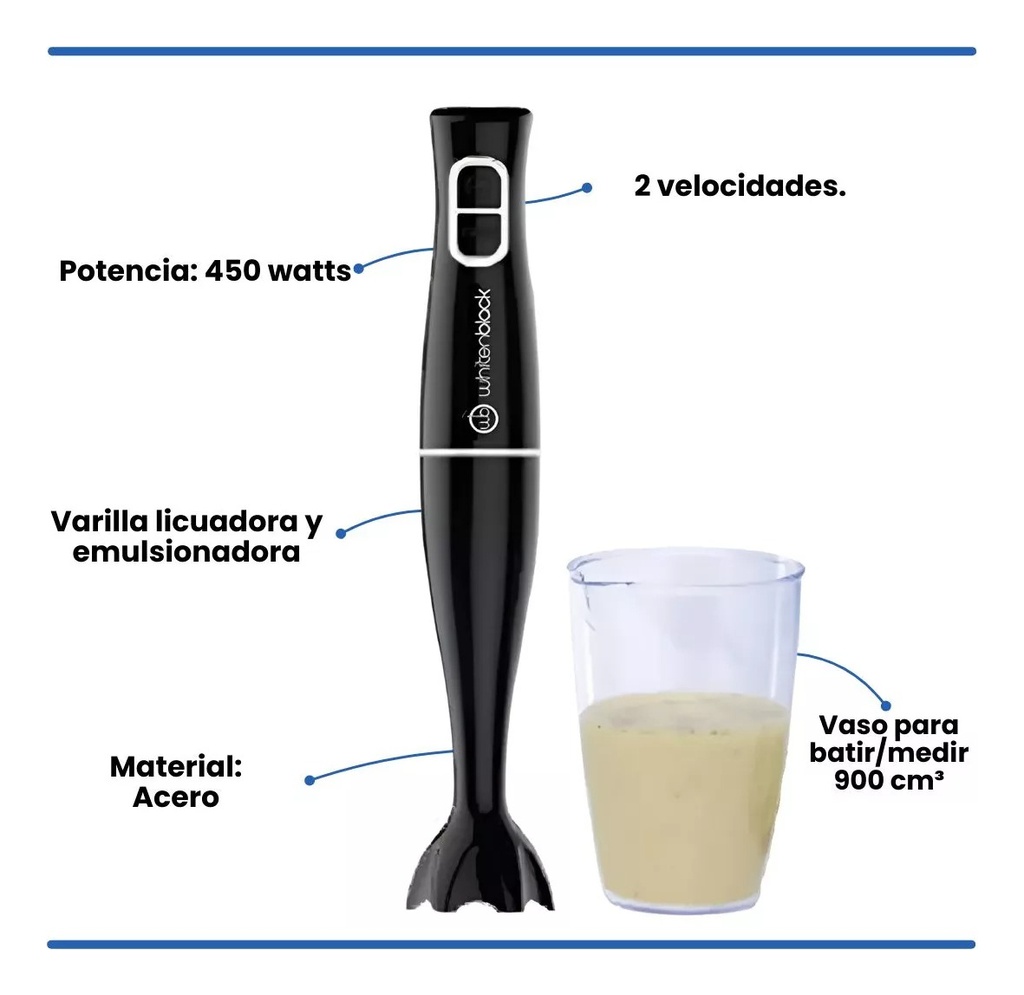Minipimer Licuadora A Mano Whitenblack Wbahwb20 450w