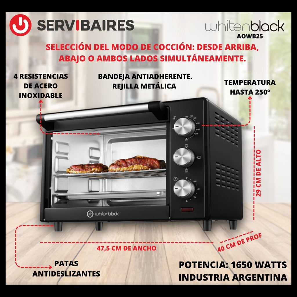 Horno Eléctrico Whitenblack 25lts 250o Timer 60 Min Negro