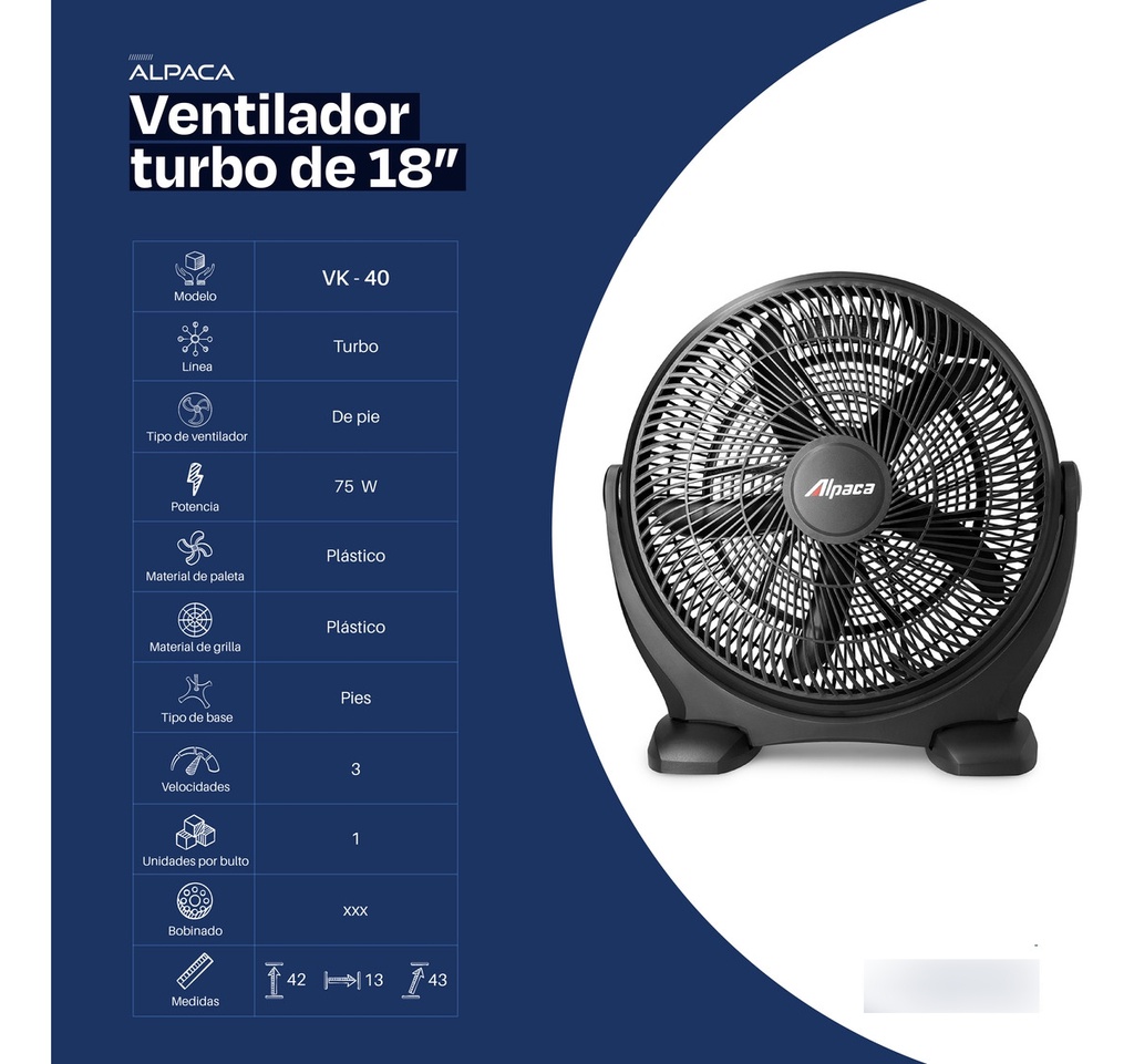 Ventilador Turbo 18'' Alpaca 3 Velocidades 75w Alp-vk40 Diám