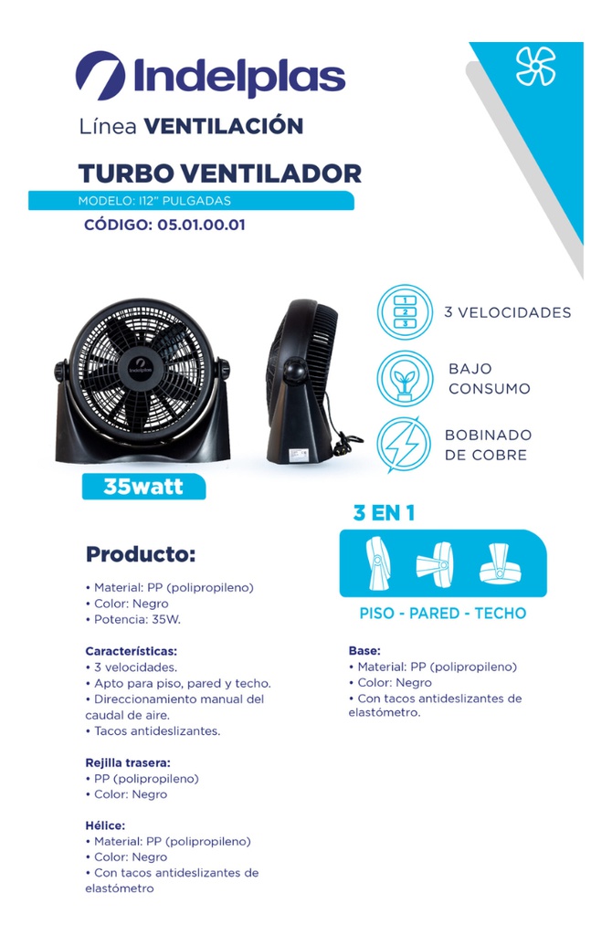 Turbocirculador Indelplas Iv 12 35w 3 Veloc. Cantidad De Asp