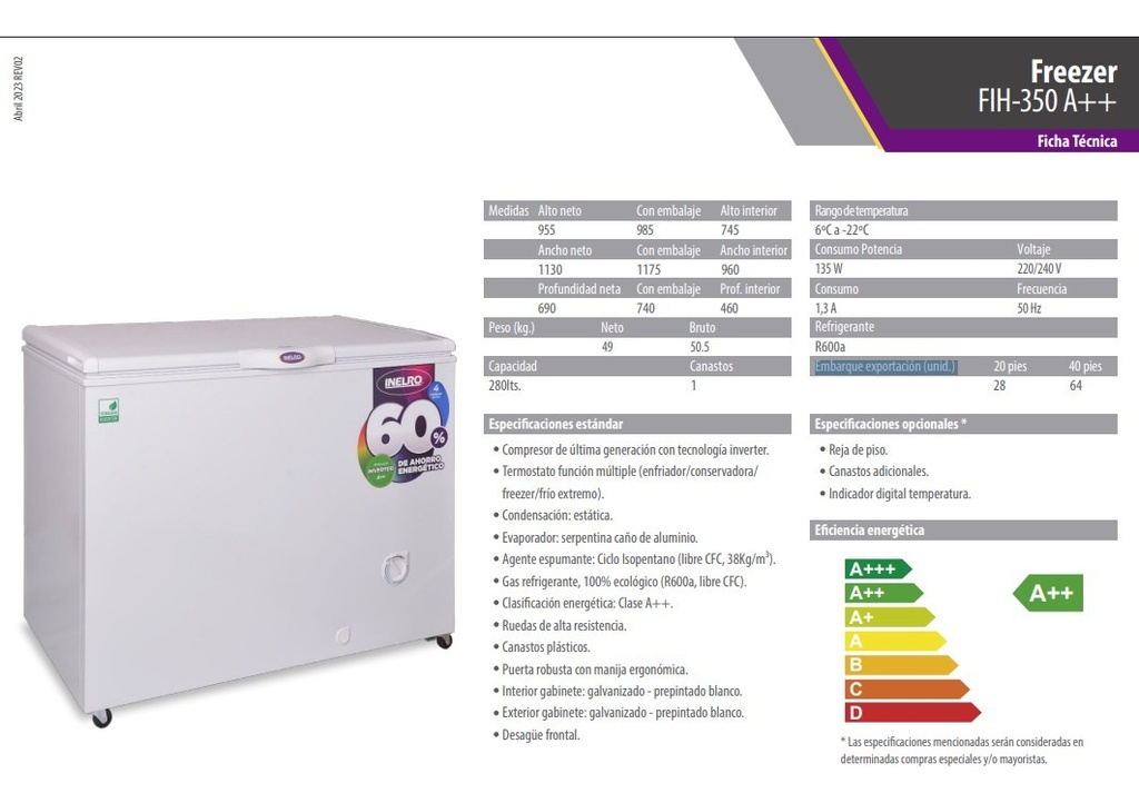 Freezer Inverter Inelro Fih-350a++ Horizontal 280lt A++ Bco.