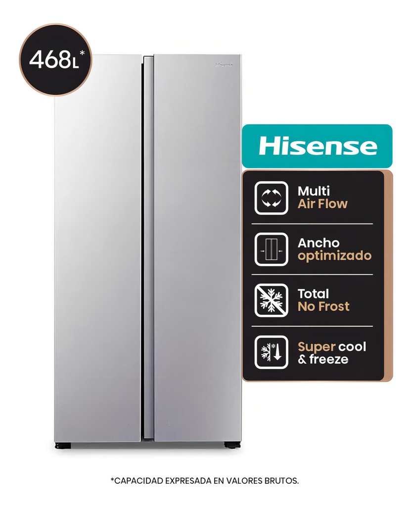 Heladera Hisense Rs3n428nad Side By Side No Frost Silver
