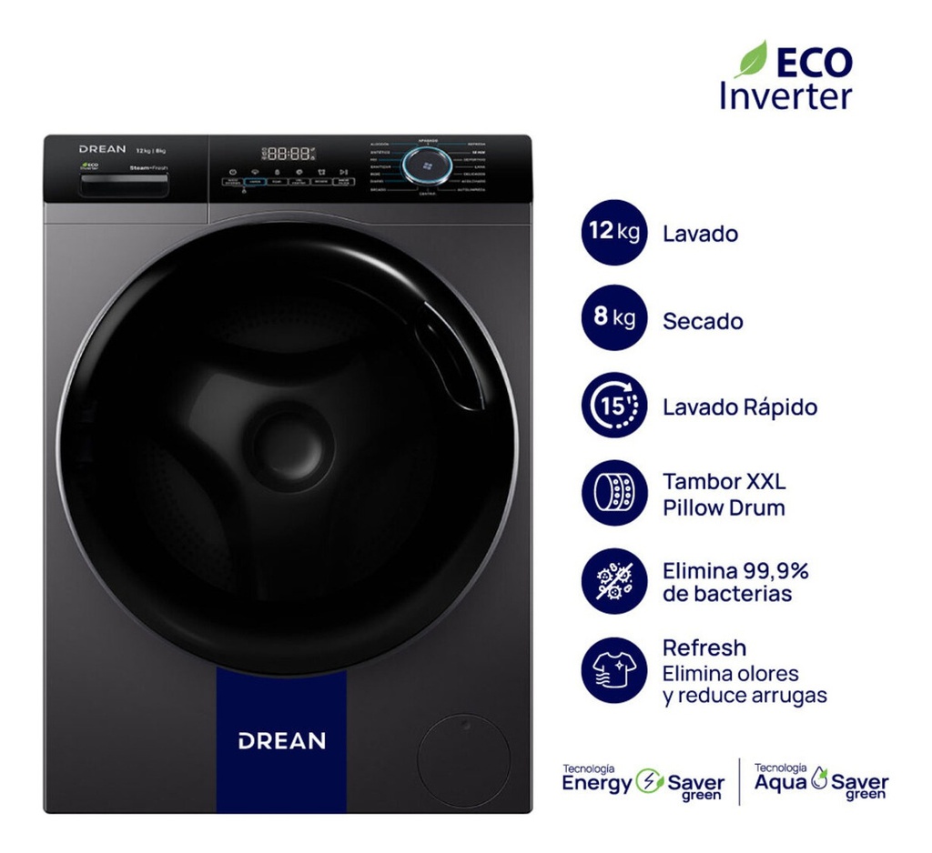 Lavasecarropas Drean Ecoinverter 12kg / 8kg 1400rpm Gris