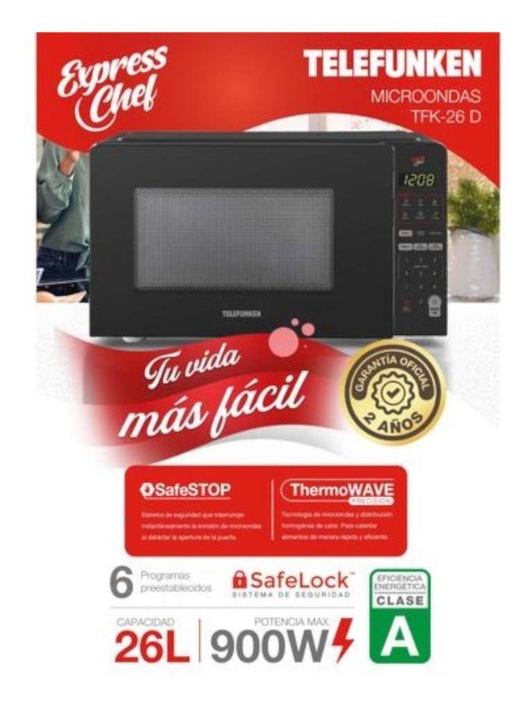 Microondas Telefunken Tfk-26 Digital 26 L Negro