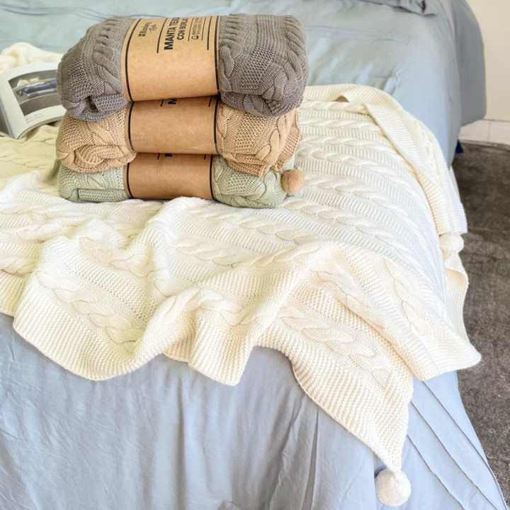 MANTA TEJIDA RUSTIC CON BORLAS NATURAL BH074
