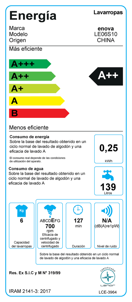 LAVARROPAS ENOVA LE06S10-BL 6KG CARGA SUPERIOR BLANCO