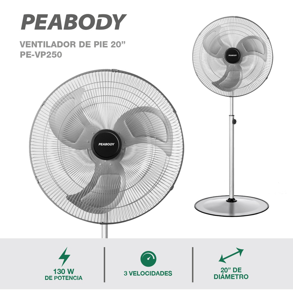 Ventilador De Pie Peabody 20  Pe-vp250 3 Palas De Metal 130w