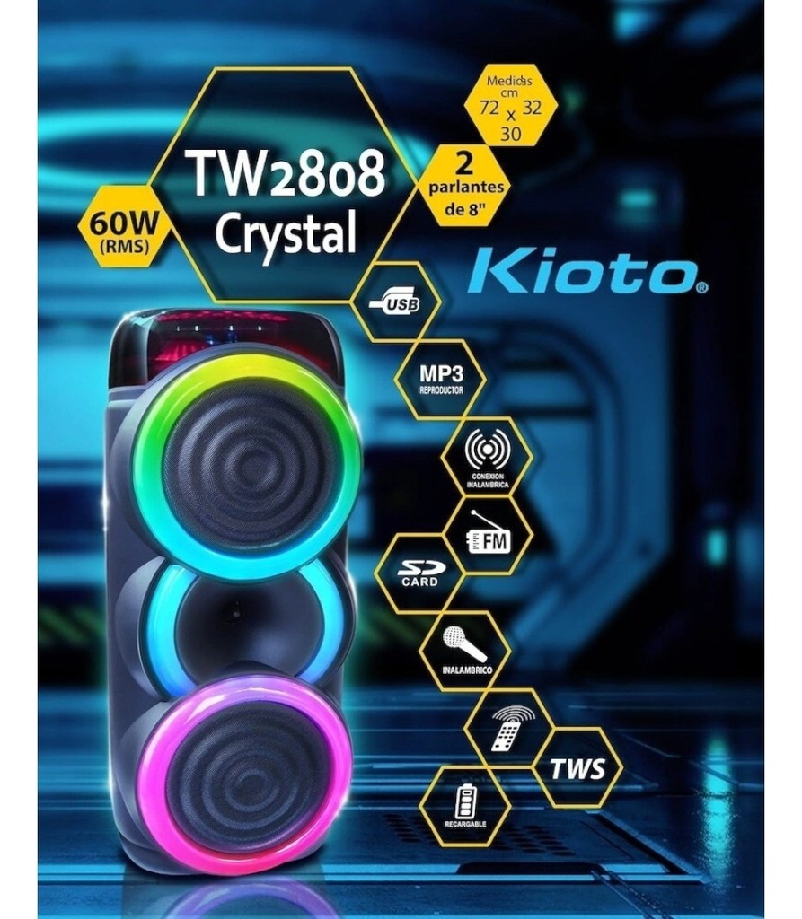 Parlante Kioto Tw2808 Crystal Led Rgb 2x8 60w Negro