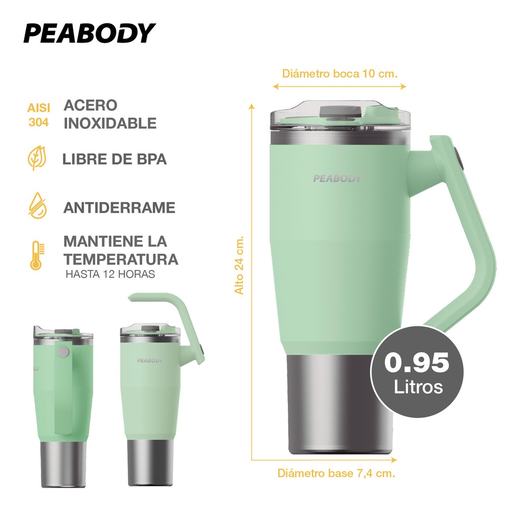 Vaso Térmico Mug Peabody Pe-mg950n 950 Ml. Doble Tapa