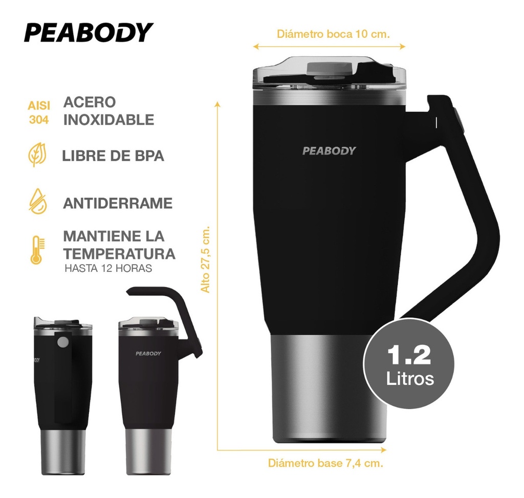 Vaso Térmico Mug Peabody Pe-mg1200 1200 Ml Doble Tapa