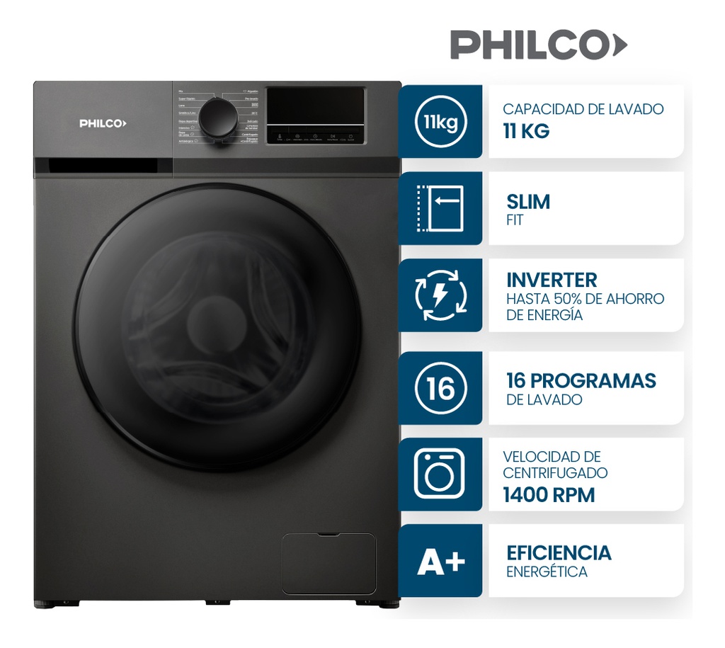 Lavarropas Philco 11 Kg Phlfa11c3agn Carga Frontal Dark Gray