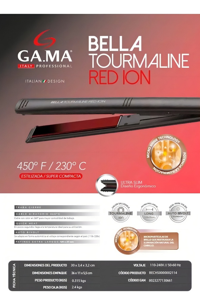 Planchita De Pelo Ga.ma Elegance Bella Tourmaline Ion Negra Negro