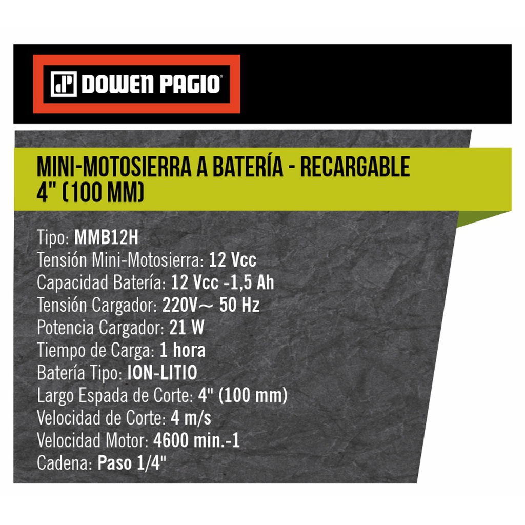 MINI MOTOSIERRA A MANO DOWEN PAGIO 9992994 BATERIA 4&quot; 12V