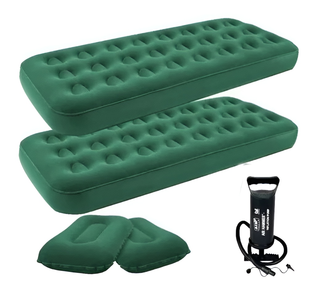 2 Colchones Inflables Single + Bomba + 2 Almohadas Klimber Verde