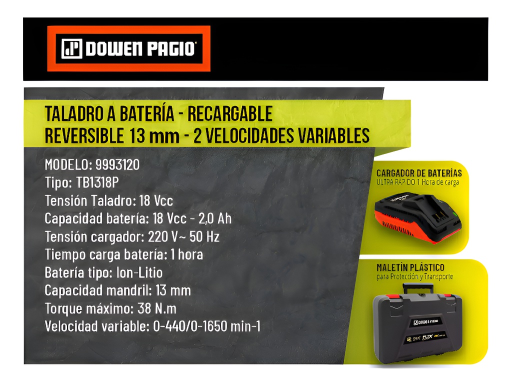 Taladro Atornillador Bateria 13mm 18v Dowen Pagio 9993120 Naranja 50 Hz