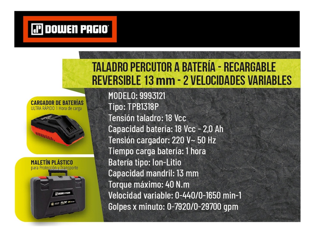 Taladro Percutor A Bateria Dowen Pagio 13mm 9993121  Maletin Naranja/negro 50 Hz