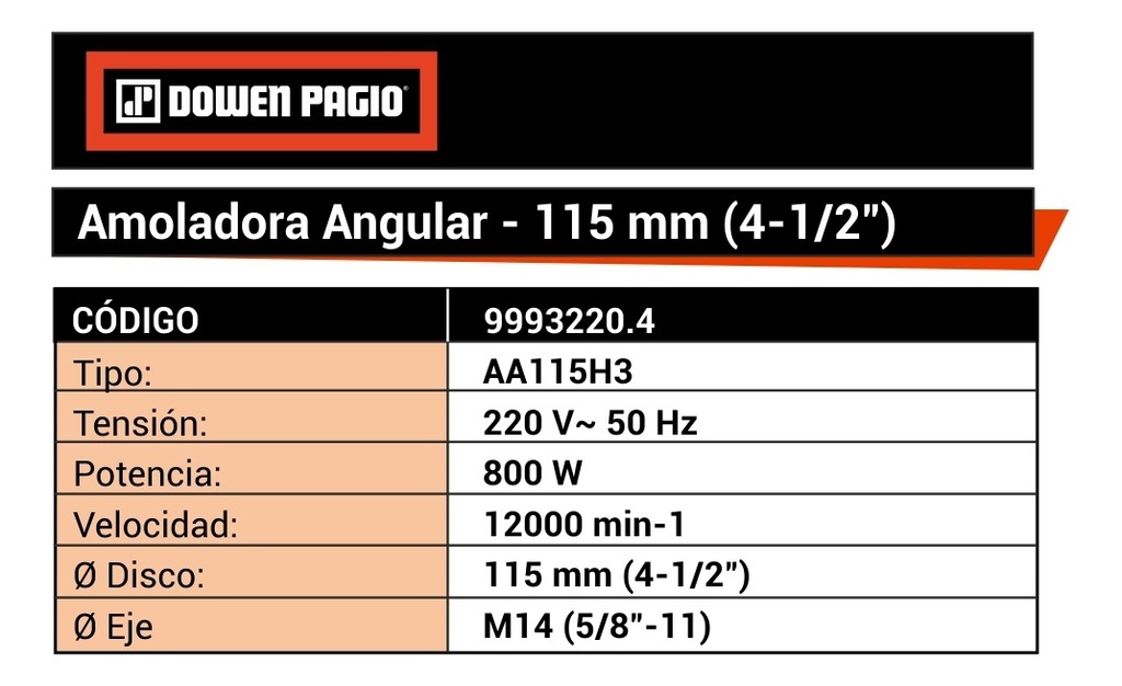 Amoladora Angular 115 Mm 800 W Dowen Pagio 9993220.4 Naranja 50hz