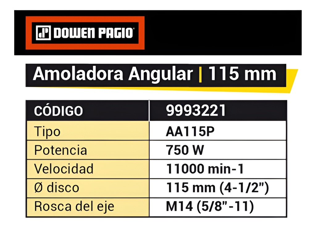 Amoladora Angular 115 Mm 750 W Dowen Pagio Magnum 9993221 Naranja 50 Hz