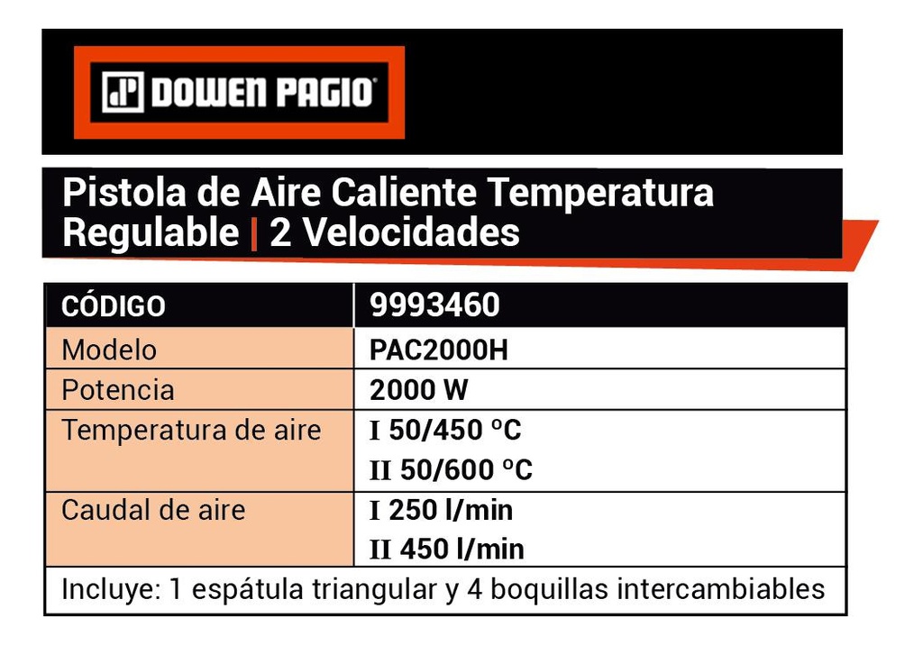 Pistola Aire Caliente Dowen Pagio 2000 W +accesorios 9993460 Naranja