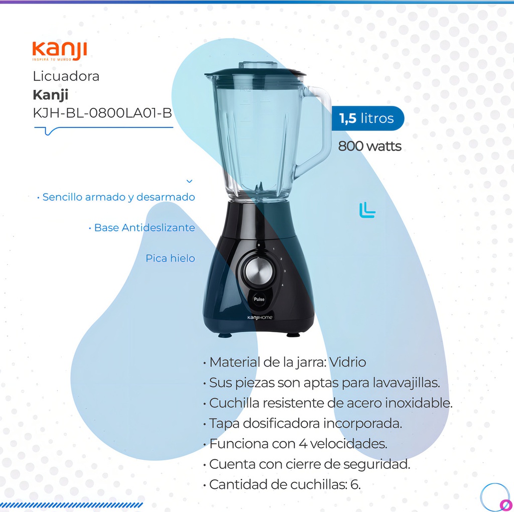 Licuadora Kanji Home 1,5l Jarra De Vidrio 4 Vel. Pica Hielo Negro