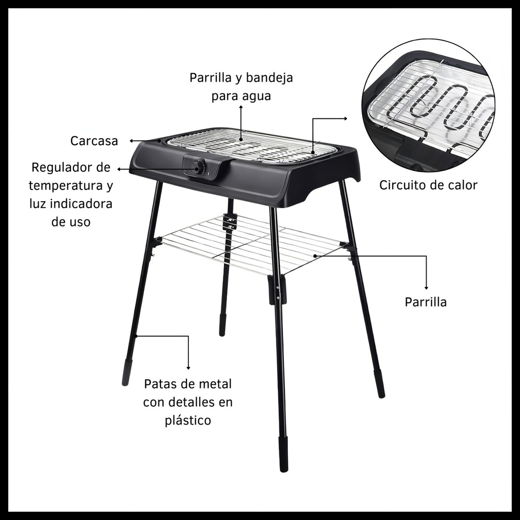 Parrilla Eléctrica Criollo Kanji De 2000w Con 6 Temperaturas Negro