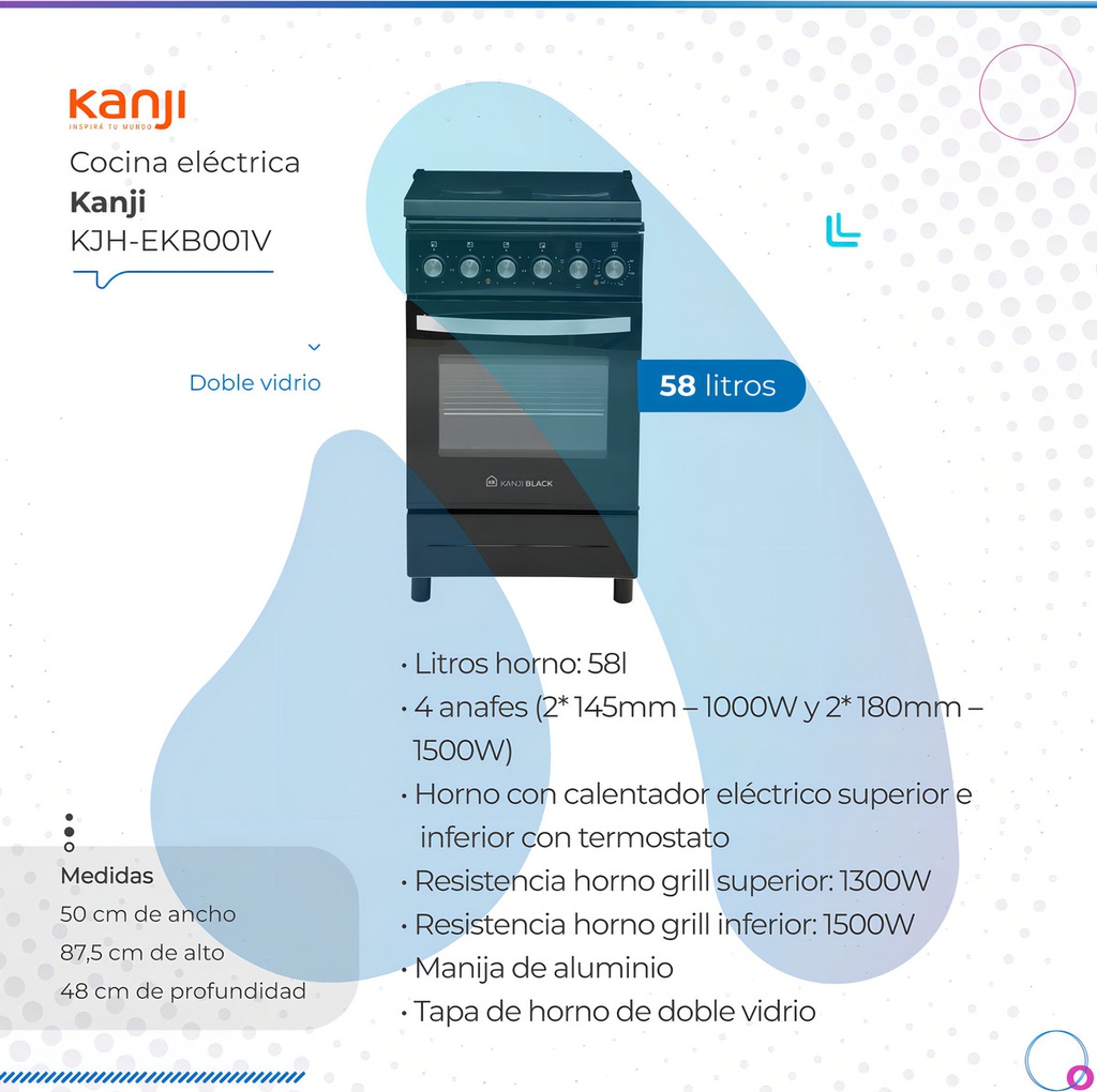 Cocina Eléctrica Kanji Kjh-ekb001v 50cm 4 Anafes Grill Negro - Negro