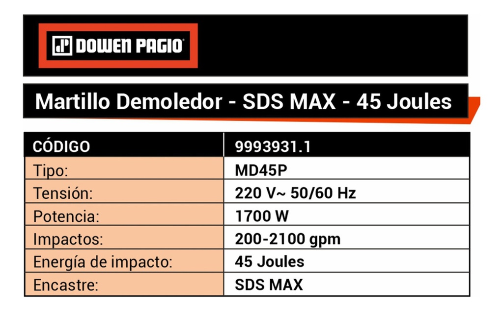 Martillo Demoledor Dowen Pagio 9993931.1 45j 1700w Dp - Naranja Oscuro